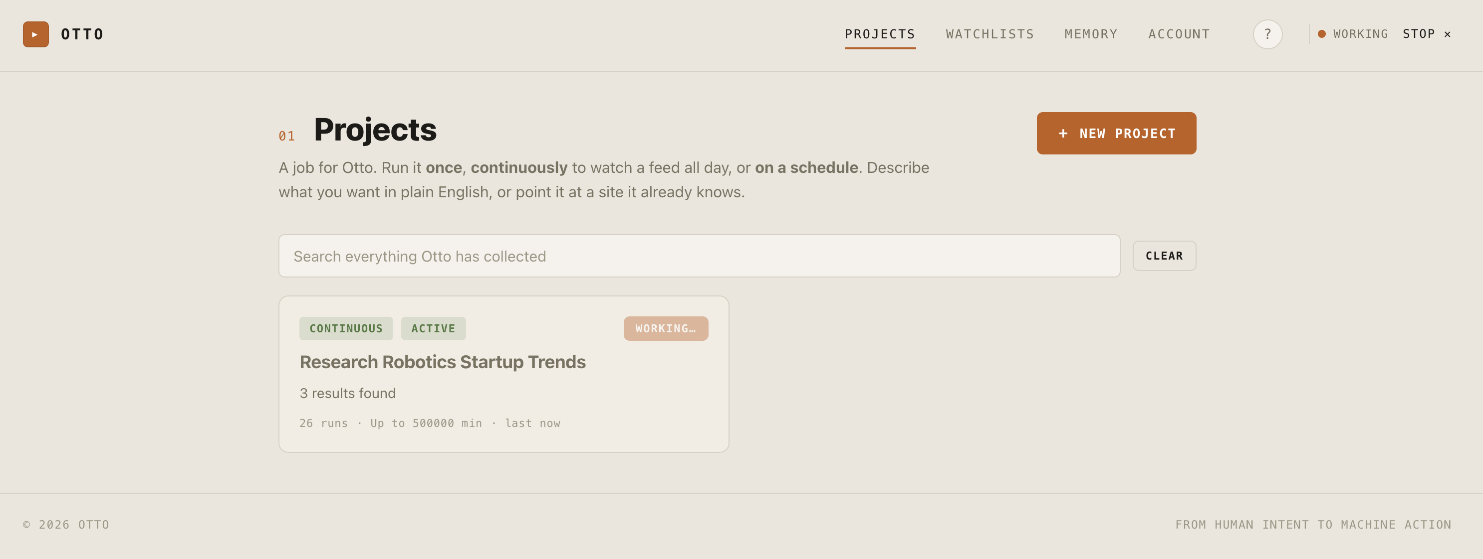 Otto's Projects screen, with a continuous job called Research Robotics Startup Trends currently running.
